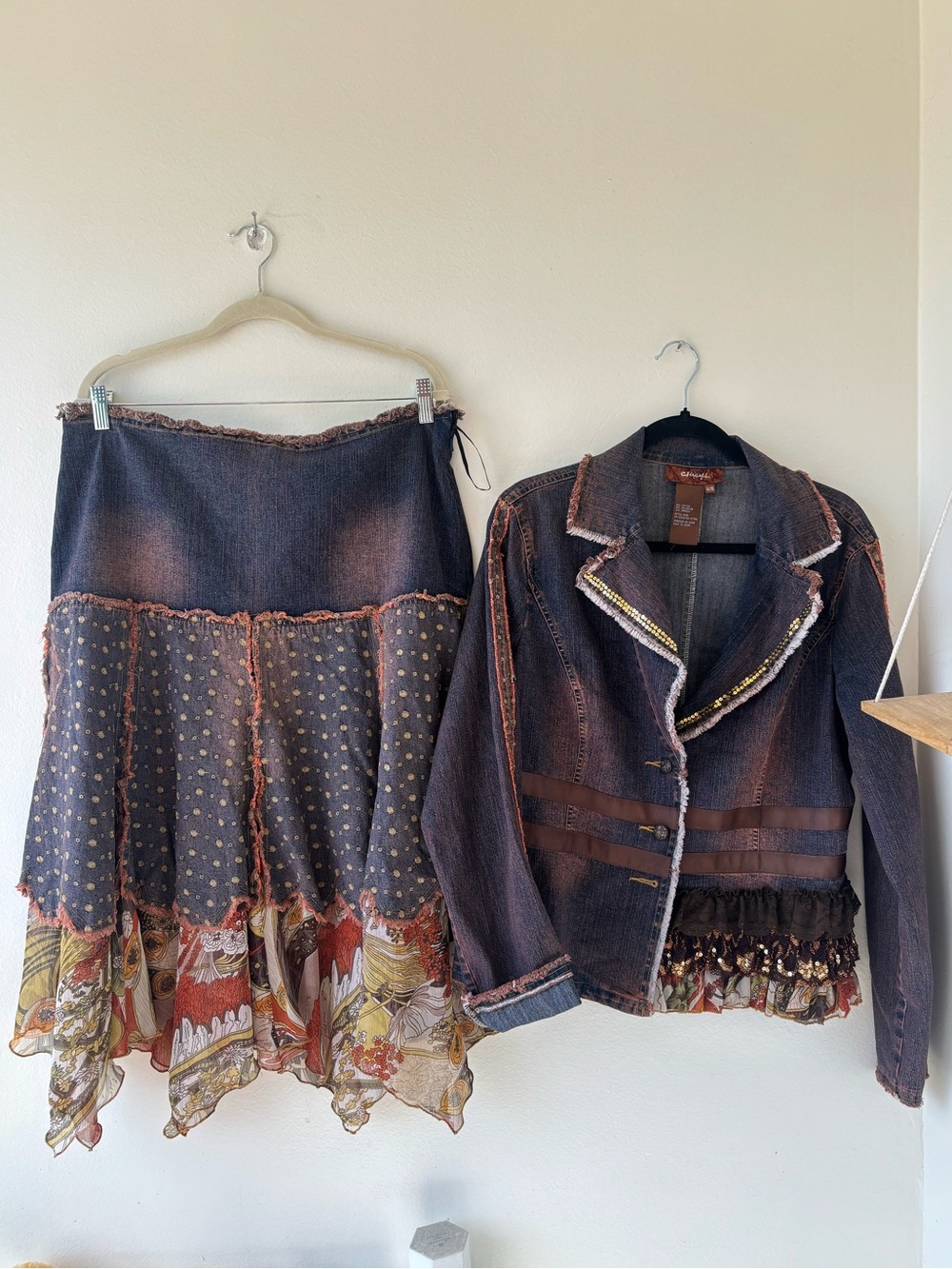 Boho Patchwork Blazer & Skirt Set - Brown